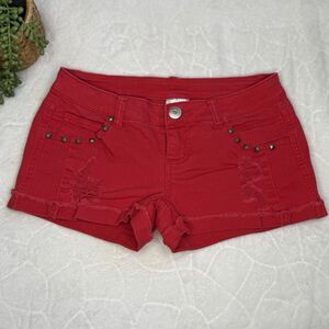 Xhilaration Red Low Rise Studded Cuffed Distressed Denim Shortie Shorts Size 5